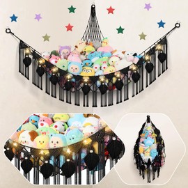 82.7x59x59 Inch Jumbo Stuffed Animal Storage Hammock Corner, Black Macrame Leaf Hanging Stuffed Animal Net Organizer for Stuffy Plush, Toy Hammock Holder w/LED Light for Boy Girl Gift Nursery Decor