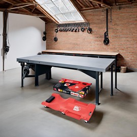 BIG RED TRP62401 Plastic Rolling Garage/Shop Creeper: 40" Mechanic Cart with Padded Headrest, Dual Tool Trays and 6 Casters, Red