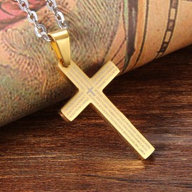 Cupimatch Mens Gold Tone Cross Necklace Stainless Steel Pendant Religious Lord's Prayer Cross Pendant with 22" Chain