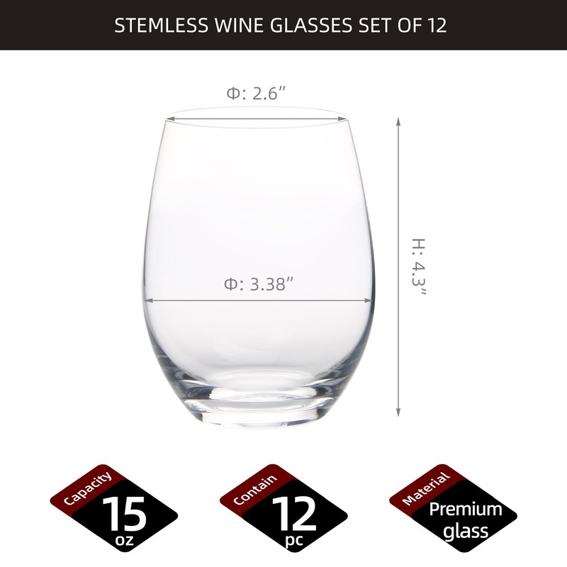 FAWLES Stemless Wine Glasses Set of 12, 15 Ounce Smooth