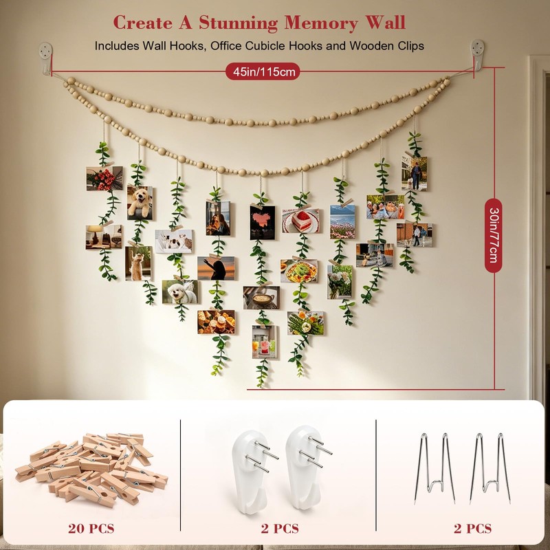 Fernlandia Boho Photo Display with Clips, 20-Clip Hanging Greenery Decor