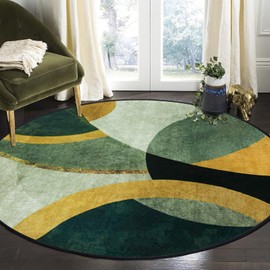 Tapis Design Round Rugs 80cm, Area Rugs For Living Room Emerald Green Pattern Stitching Rugs Non Slip, Washable Circle Green Rug For Living Room Bedroom Bedside