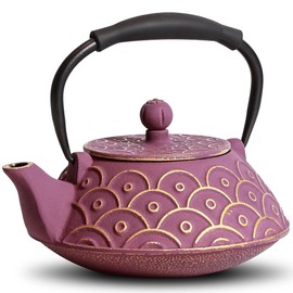GUANGHEIRON Cast Iron Teapot, 27oz Tea Kettle Stovetop Safe with Infuser for Tea & Coffee, Japanese traditional fish scale pattern Tea Pot, Enameled Interior, Silicone Handle, 800ml Purple