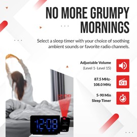 Projection Alarm Clock, Digital LED Clock Radio with 360° Projector, FM Radio, USB Port, 4 Brightness Options, Large Display, Dual Alarms, Sleep Timer, Alarm Clocks for Bedroom, Office Desk