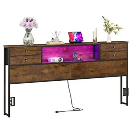GiftGo King Size Headboard with 4 Fabric Storage Drawers Charging Station LED Light Adjustable Height Storage Rack Sturdy and Stable Metal Frame & Wood Shelf (Rustic Brown, King (U.S. Standard))