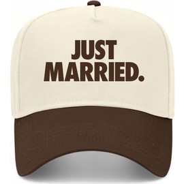Just Married Vintage Trucker Hat | Wedding Marriage Bride Groom Bridesmaid | Premium Snapback Baseball Hat for Men & Women (US, Alpha, One Size, Brown/Natural)