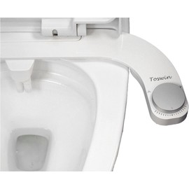 Toswin Left Handed Bidet Ultra Slim Left Hand Bidet Attachment with Dual Front & Rear Nozzles and Adjustable Water Pressure - Control Panel on Left Side-Silver Knob