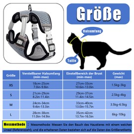 Cat Chest Harness, Adjustable Cat Harness, Escape Proof Cat Lead Set, Adjustable Soft Kitten Vest, Cat Chest Harness with Reflective Stripes & Breathable Mesh (Grey, XS)