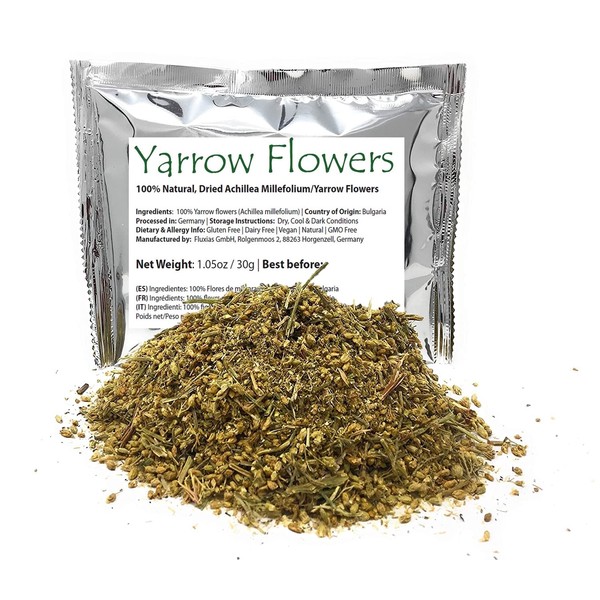 Yarrow Flowers - Ingredients: 100% Yarrow Flowers (Achillea Millefolium) - All Natural Ayurveda Herb - Net Weight: 1.05oz / 30g