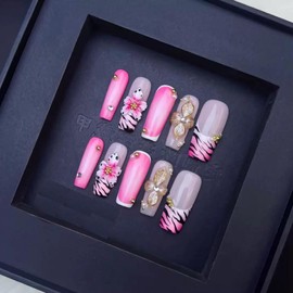 100% 5D Handmade Press on Nails Pink Flower Long Square Fake Nails Press ons Leopard French Tips False Nails Rhinestone Embossed Floral Press on Nails for Women Girls Daily Wear DIY Manicure Size L