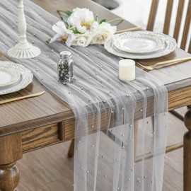 Artoid Mode Pearl Grey Gauze Table Runner 120 Inch 10FT, Seasonal Sheer Chiffon Cheesecloth Dining Holiday Birthday Table Decor for Home Party