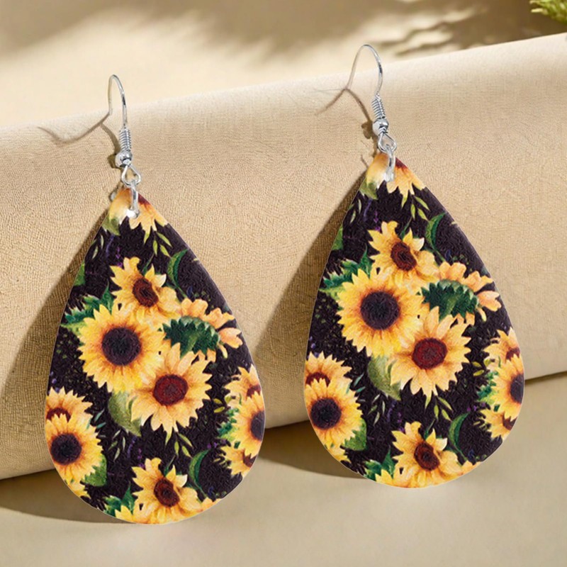 YINCUO Sunflower Earrings for Women Leather Teardrop Dangle Drop Jewelry