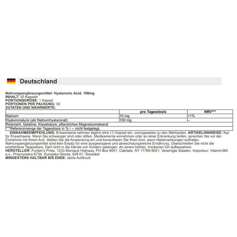 Puritan's Pride Hyaluronic Acid, 100 mg, Support for Skin and