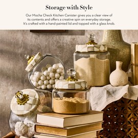 MACKENZIE-CHILDS Large Kitchen Canister, Decorative Glass Storage Jar with Lid, Brown-and-White Mocha Check