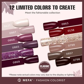 MEFA Fall Gel Nail Polish Set, 12 Colors Burgundy Red Nail Polish Set Champagne Gold Glitter Nail Polish Gel Soak Off Dark Red Purple Shimmer Nude Brown Manicure Gifts for Women Girl DIY Salon Home