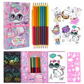 PowerKing Colorear Almohadillas Kit para Niñas, 60 Páginas para Colorear y 16 Lápices de Colores para Dibujar Pintar, Regalo de Cumpleaños para Niñas Niños (Gato páginas Set)