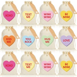 Whaline 24 Pack Valentine's Day Burlap Bags with Drawstring and Tags Conversation Heart Gift Bags Mini Wedding Treat Bags for Valentine Wedding Bridal Shower Party Favors