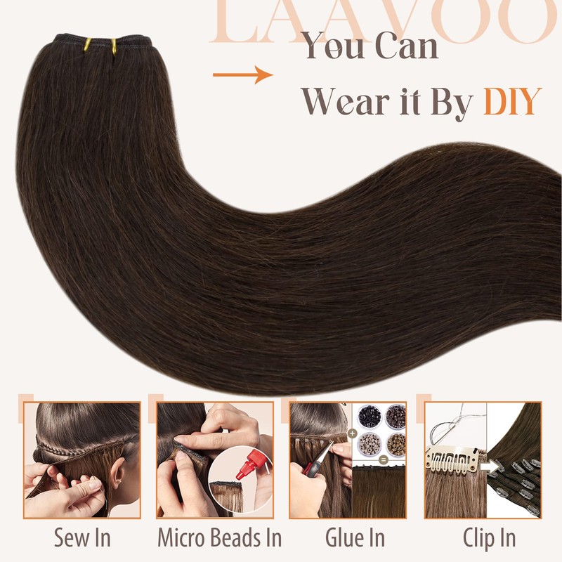 LaaVoo Remy Brown Hair Extensions Real Hair Dark Brown Extensions