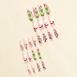 Christmas Press on Nails Long Coffin Fake Nails Cute False Nails with Santa Claus Elk Deer Tree Design Glue on Nails Cartoon Acrylic Glossy Full Cover Stick on Nails for Women Xmas Manicure 24Pcs