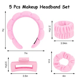 Ondder Pink Spa Headband and Wristband Set Makeup Spa Headband for Washing Face Bubble Skin Care Headbands Face Wash Sponge Puffy Headband Head Bands Hair Accessories for Women Girls