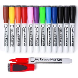 VILMA Magnetic Whiteboard Pens White Board Markers Erasable Wipe Board Pens and Eraser Set Low Odor Fine Tip for Fridge Calendar Whiteboard, Pack of 12,10 Colors