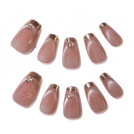 Allvounail Press on Nails 100% Handmade Cat Eye Gold Full Cover Acrylic False Nails with Design for Women Reusable Shiny Short Cooffin 10 Pcs(French Tip,S)