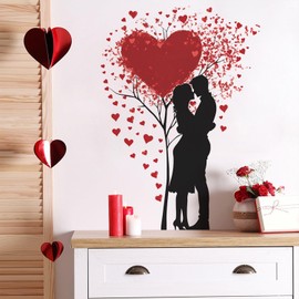 Valentines Wall Decals Valentines Wall Stickers Removable Red Heart Tree Lovers Designs Wall Decorations Romantic Stickers for Living Room Bedroom Anniversary Party Home Decor