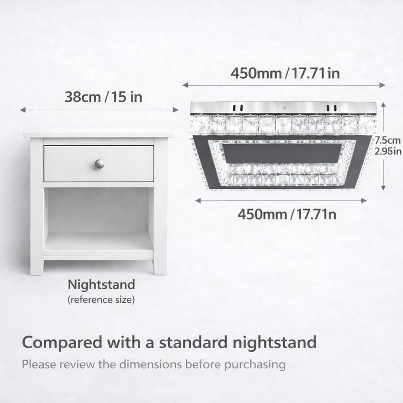Finktonglan Square Crystal LED Flush Mount Ceiling Light, 17.7" Modern