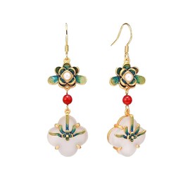 DaWong Chinese Style Vintage Earrings for Women Lucky Leaf Long Tassel Earrings Chinese Knot Pearl Elegant Theater Enamel Retro Costume Drop Earrings Sterling Silver Ear Hooks
