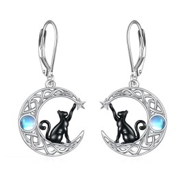 SHEAISRS Moon Cat Earrings 925 Sterling Silver Moonstone Leverback Earrings for Women Black Cat Jewelry