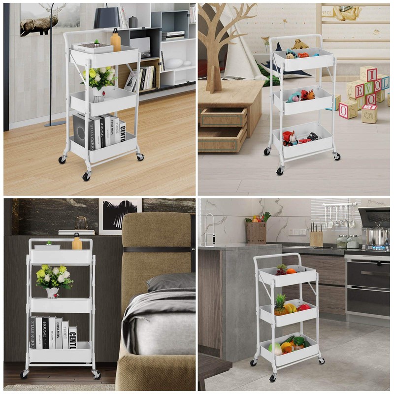 johgee Foldable 3 Tier Metal Utility Rolling Cart, Folding Mobile