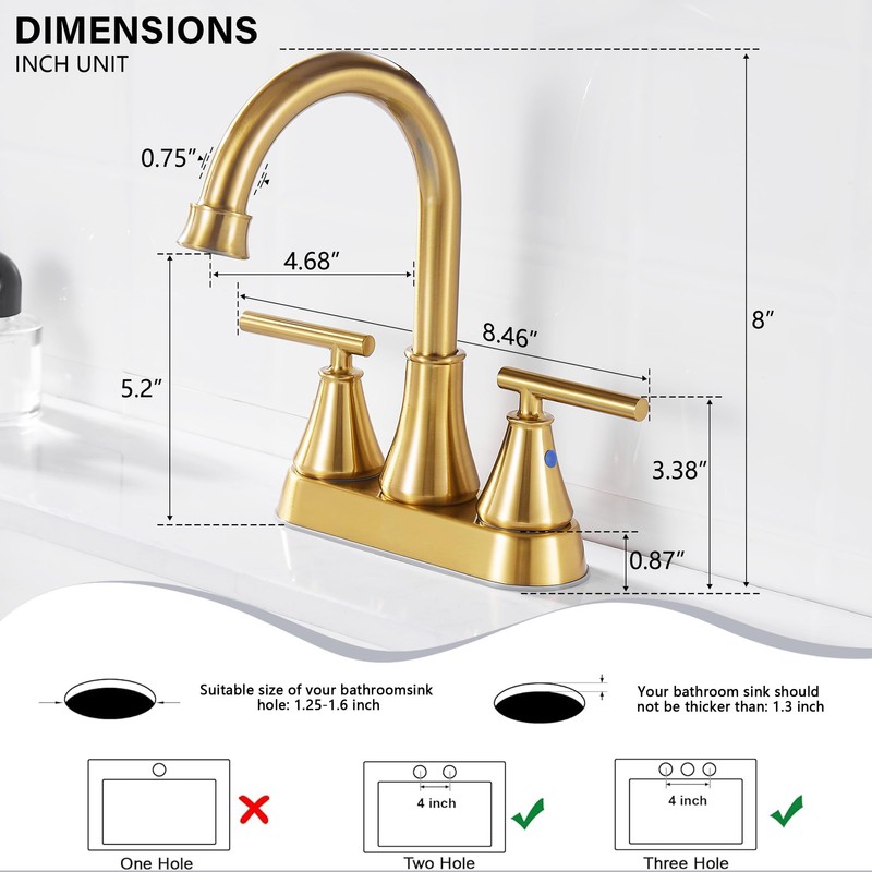 Bathroom Sink Faucet 4 Inch 2 Handle Centerset Brushed Gold