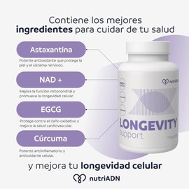 nutriADN Longevity Support  Suplemento Alimenticio con NAD, Astaxantina, Cúrcuma y EGCG  Fórmula de Apoyo Antioxidante y Vitalidad Celular...         