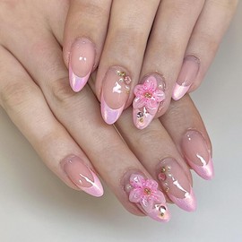 24Pcs French Tip Press on Nails with Charms 3D Pink Flower Designs Medium Almond Fake Nails French Nails Pink Stick on Nails Nail Tips Acrylic Nails Rhinestones Nails for Women Daily Wear