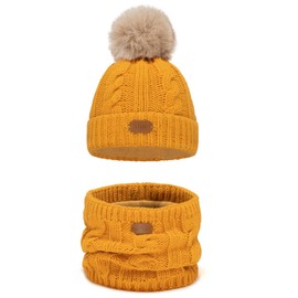 Alur Children's Unisex Beanie with Loop Scarf Set Winter Hat Knitted Hat with Bobble - Warm Elastic Elegant Winter Hat Scarf Eko Bobble Hat - Soft Yarn Stylish Warm, honey