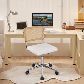 VECELO PU Leather Home Office Chair, Height Adjustable 360°Rolling Swivel Armless Vanity Chair with Wheels, Rattan Back Desk Chair for Bedroom/Small Spaces/Make-up/Dressing Room, White