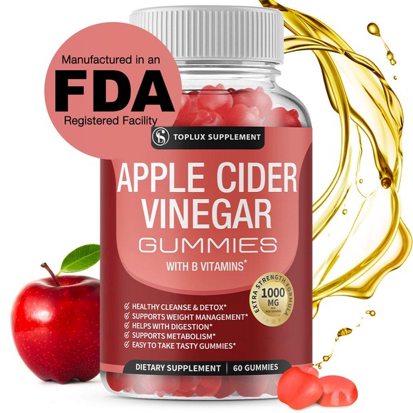 Apple Cider Vinegar Gummies - 1000mg Organic ACV with The Mother for Immune System, Detox & Cleanse, Gummy Alternative to Apple Cider Vinegar Capsules, for Men Women, 60 Gummies, toplux Supplement