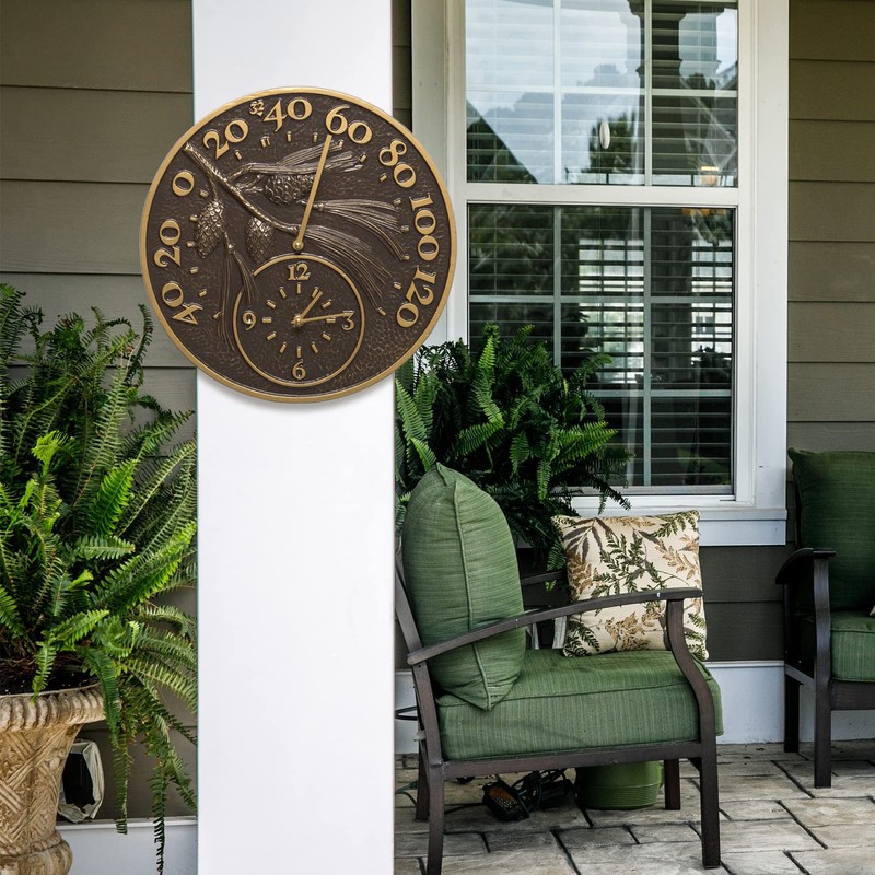 Whitehall Products Pinecone Thermometer Clock, French Bronze