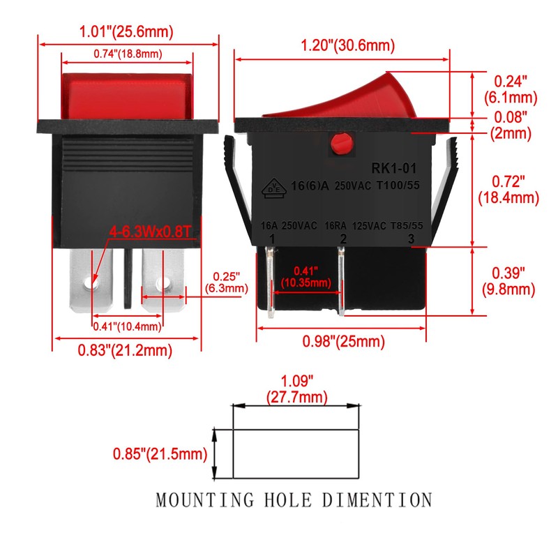 Heschen Rocker Switch ON-Off DPST 4 Terminals Red Light 16A