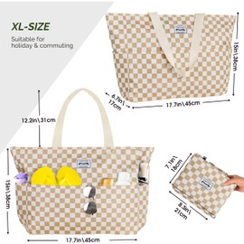 HOMESPON Large Waterproof Beach Bag for Women Sandproof Tote Bag Pool Bag with Zipper and Pockets for Travel Vacation Gym (Checkered Brown & White)