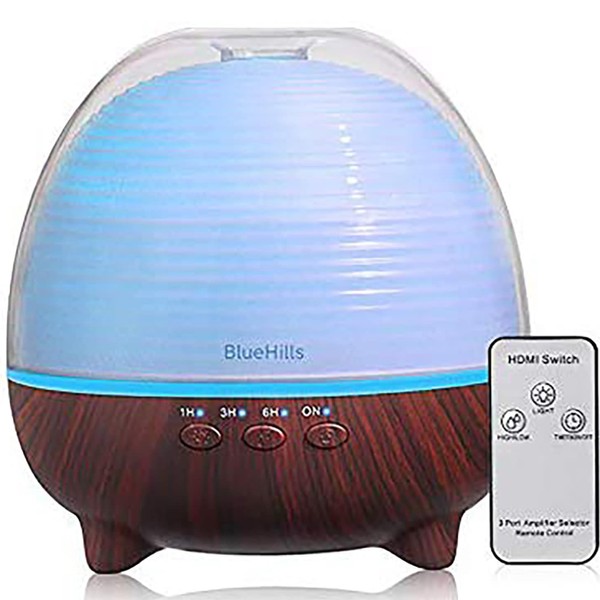 BlueHills Premium 600 ML Essential Oil Diffuser with Remote Cute Aromatherapy Humidifier Large Capacity Coverage Area for Home Room Office Spa Long 12 Hour Run Timer Lights Cute Dark Wood Grain S03