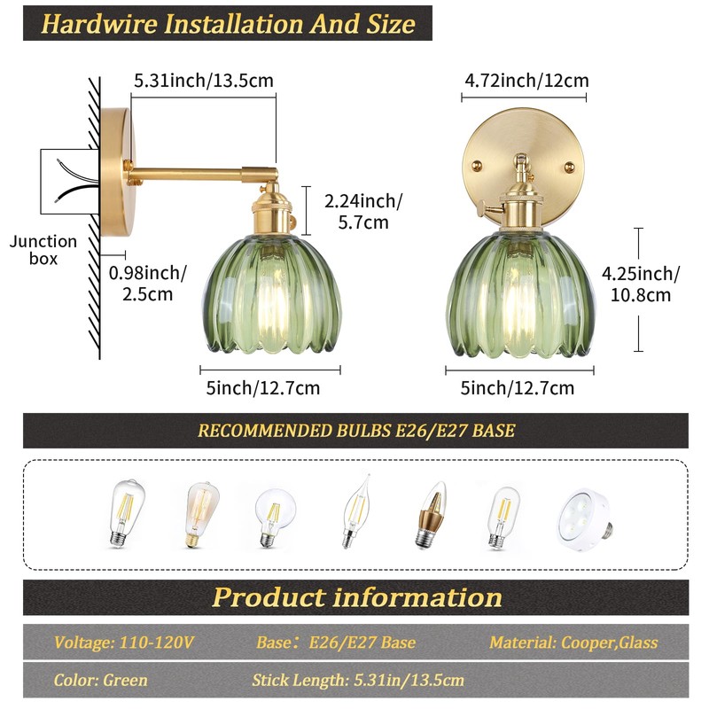 Shenmoyl Vintage Wall Sconces with Green Tulip Glass Lampshade 180