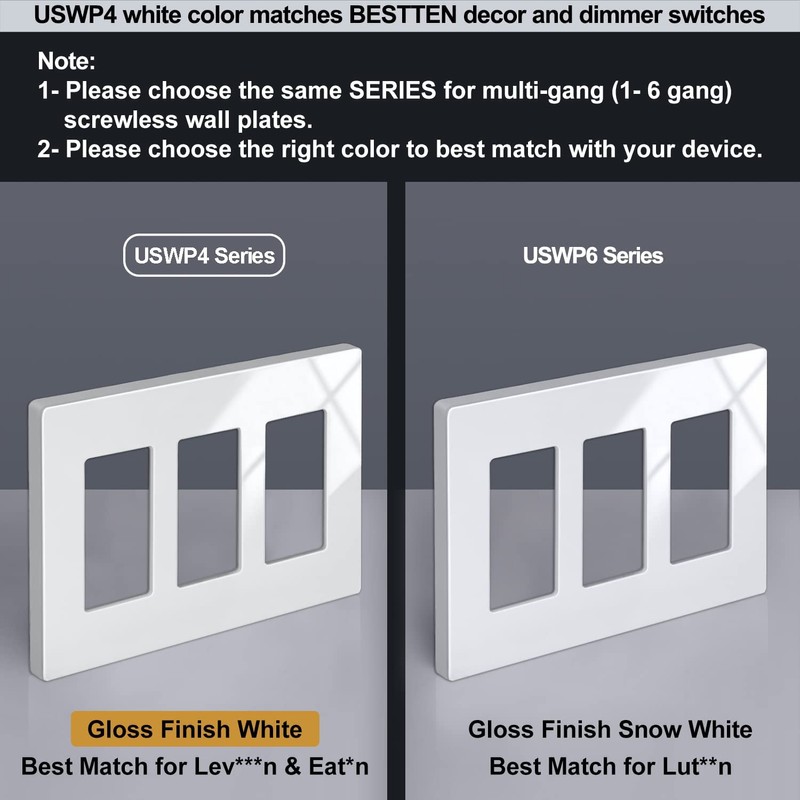 [2 Pack] BESTTEN 3-Gang Screwless Wall Plate, USWP4 White Series,