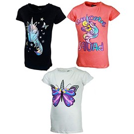 MISS POPULAR Girls 3-Pack Super Soft Short Sleeve T-Shirts Unicorn Butterfly Glitter Print Cute Design| Sizes 7-16 (Combo B, 7/8)