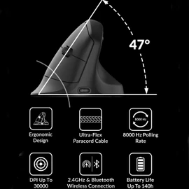 Keychron M5 8K Vertical Wireless Mouse, PAW3950 Sensor with Programmable Macro Button 30,000 DPI, 750 IPS, Supports 2.4 GHz/Bluetooth 5.3, 47° Ergonomic Design for PC Mac Laptop (Black)
