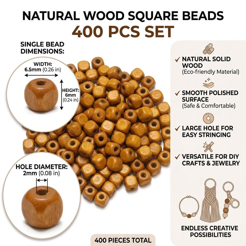 400PCS Brown Square Wooden Beads, 6mm Cube Beads Bulk for