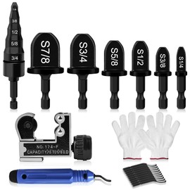 HVAC Repairing Tools, 10PCS Swaging Drill Bit Set with 5 in 1 Conditioner Copper Tube Expander, Hex Shank Expander Swaging Tool Boring Drill Bit with Copper Pipe Cutter, Deburring Tool and Gloves