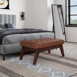 SIMPLIHOME Draper Tufted Ottoman Bench - 40 inch Wide Upholstered Vegan Leather Rectangle Ottoman in Distressed Saddle Brown, Mid Century Modern Bench for Living Room with Tufted Detail, Assembled