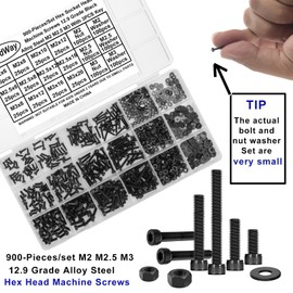 FandWay 900Pcs Bolts and Nuts Set,M2 M2.5 M3 Hex Socket Cap Head Machine Screws,DIN912 Allen Screws,12.9 Grade Alloy Steel Black Hex Bolts and Washers Set Fully Threaded With 3 Allen Key.