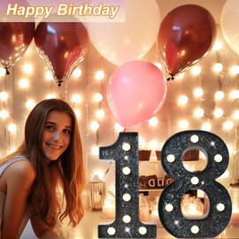8.8" Decorative LED Light Up Numbers, Glitter Marquee Numbers Lights for 18th Birthday Decorations, Shiny Lighted Number Sign for Birthday Party Wedding Anniversary Home Decor, Glitter Black 18